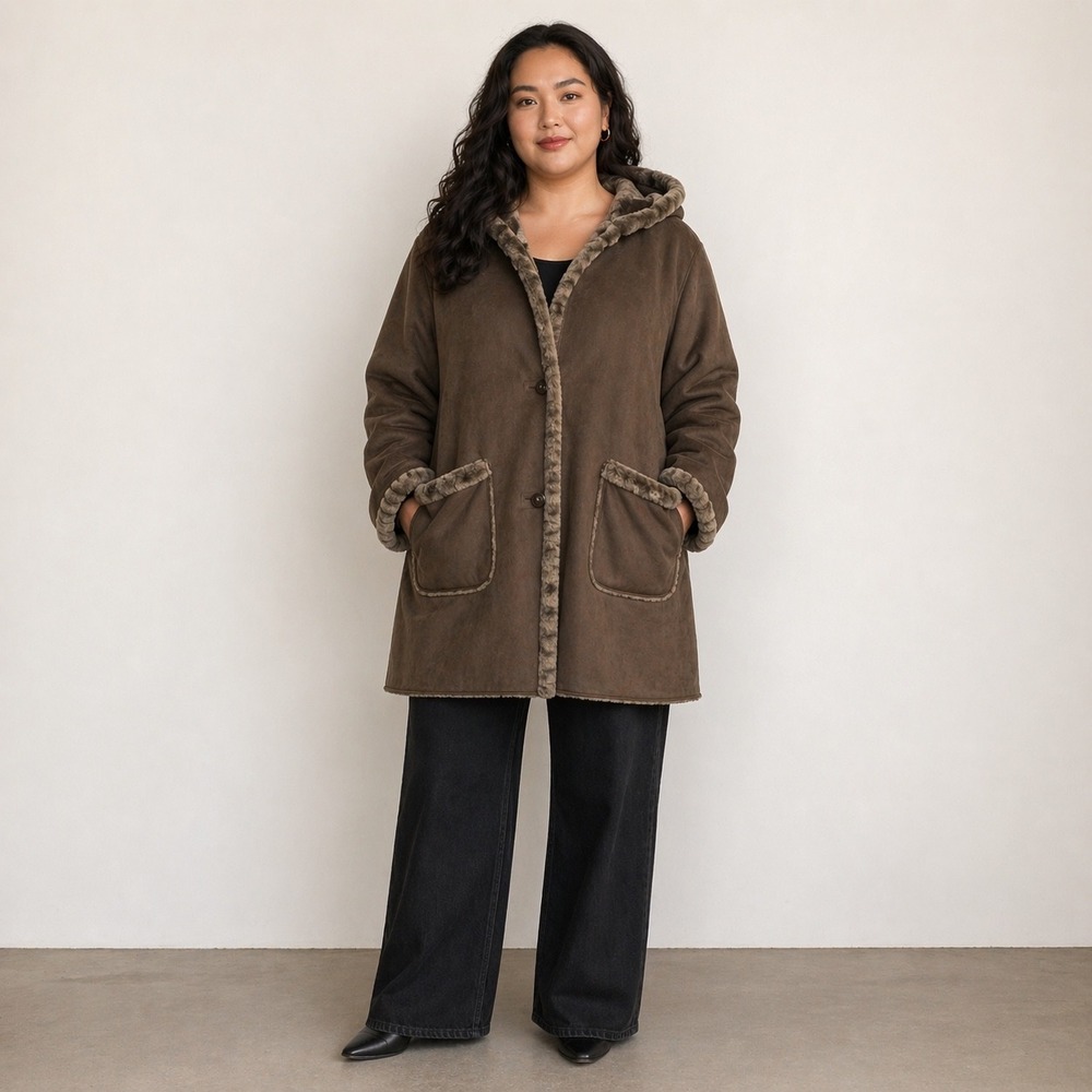 Jones New York Hooded Coat Womens L Brown Faux Suede/Fur Shearling VTG Ovrcoat